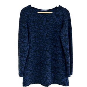 Cut Loose Tunic Top Size Small Blue Black Floral Print Long Sleeve Ribbed Artsy